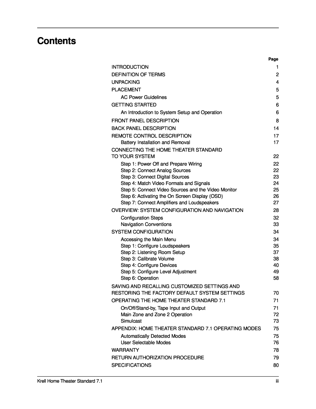 Krell Industries 7.1 manual Contents 