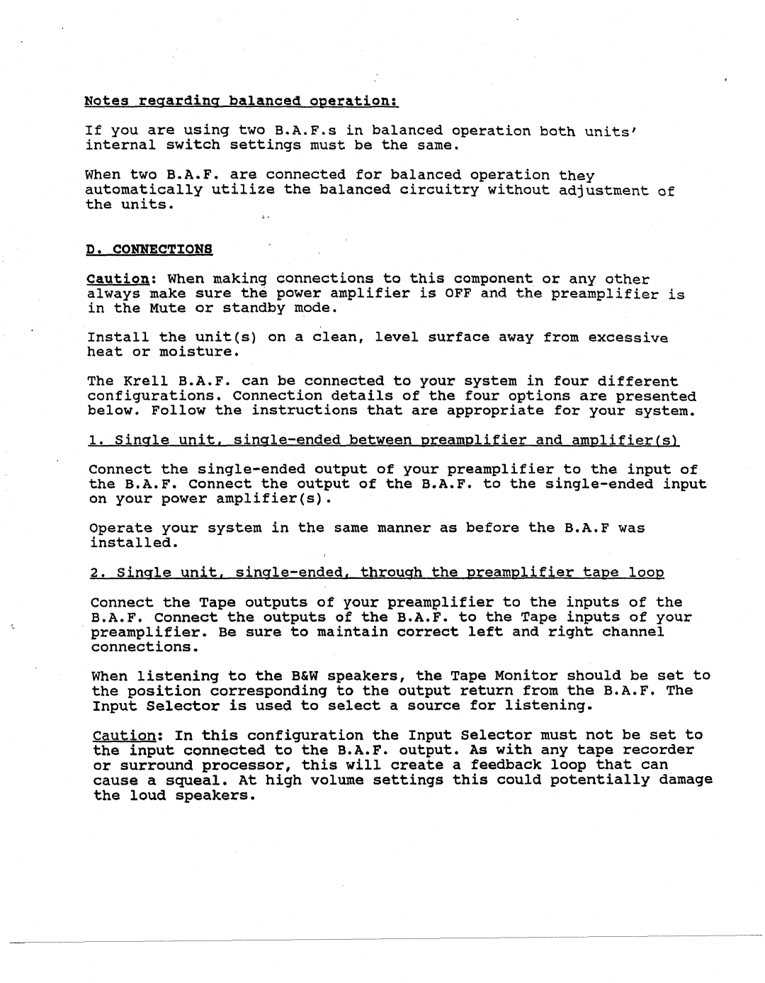 Krell Industries 800 Series manual Connections 