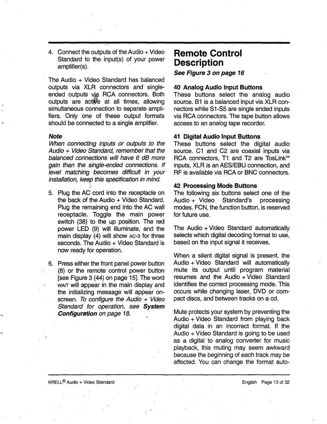 Krell Industries Audio + Video Standard Surround Preamp/Processor RemoteControl Description, AnalogAudioInput Buttons 