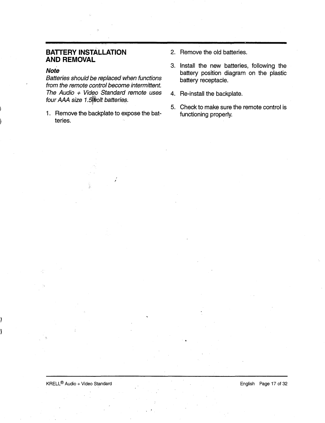 Krell Industries Audio + Video Standard Surround Preamp/Processor manual Removal, Four AAAsize 1.~olt batterie. s 