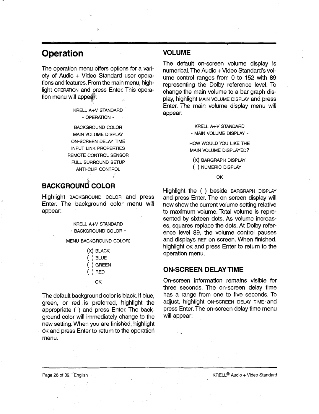 Krell Industries Audio + Video Standard Surround Preamp/Processor manual BACKGROUNI~ Color, Volume, ON-SCREEN Delay Time 