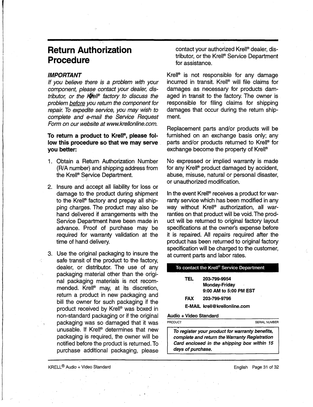 Krell Industries Audio + Video Standard Surround Preamp/Processor manual ReturnAuthorization Procedure 