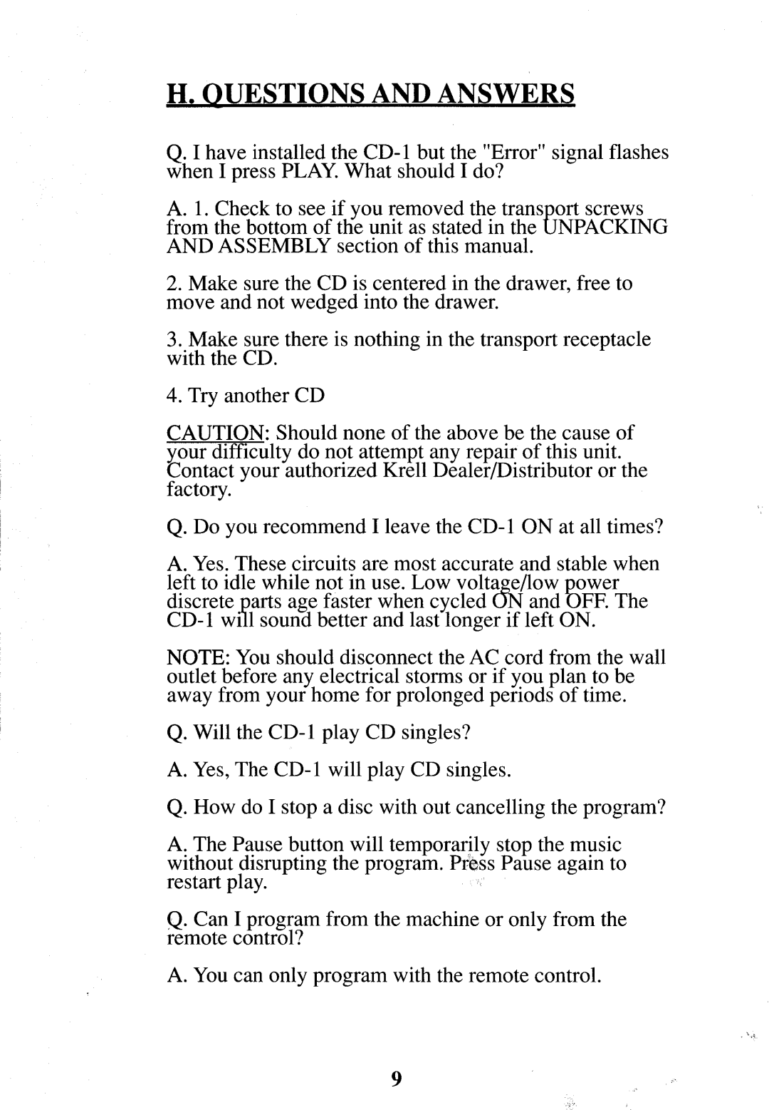 Krell Industries CD-1 manual Questions and Answers 