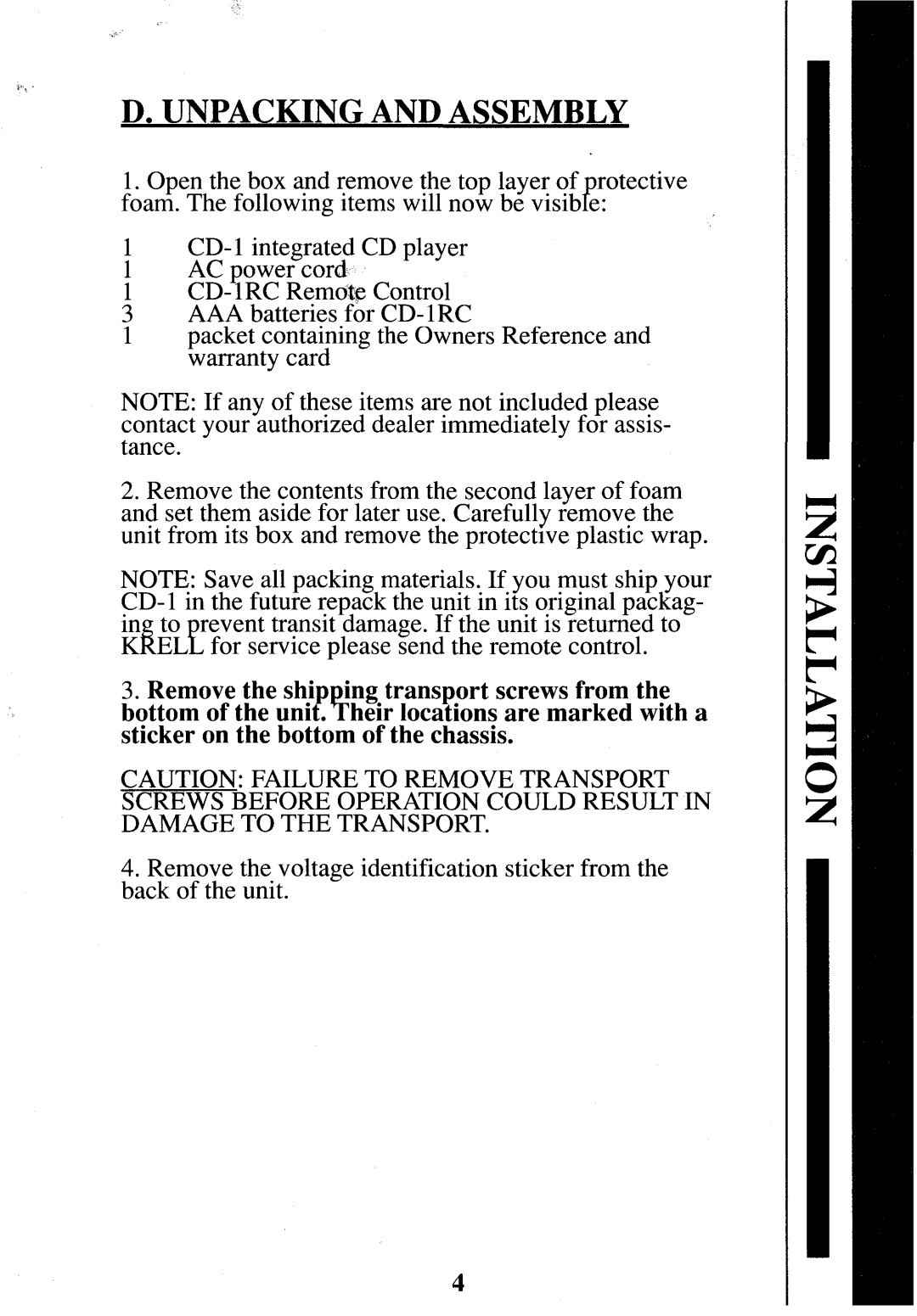 Krell Industries CD-1 manual Unpacking and Assembly 