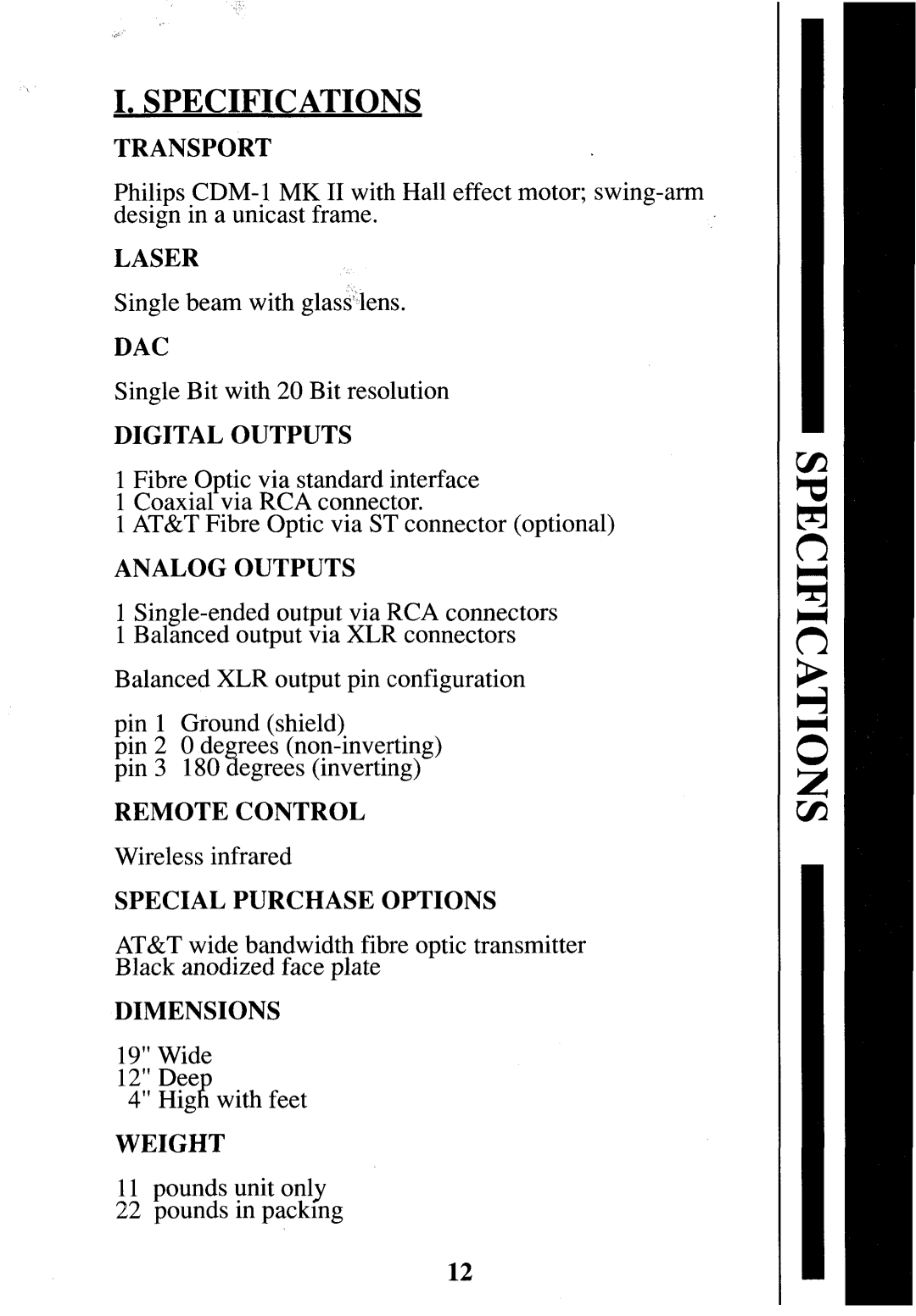 Krell Industries CD-1 manual I.Specifications, Transport, Laser, Single Bit with 20 Bit resolution, Dimensions 