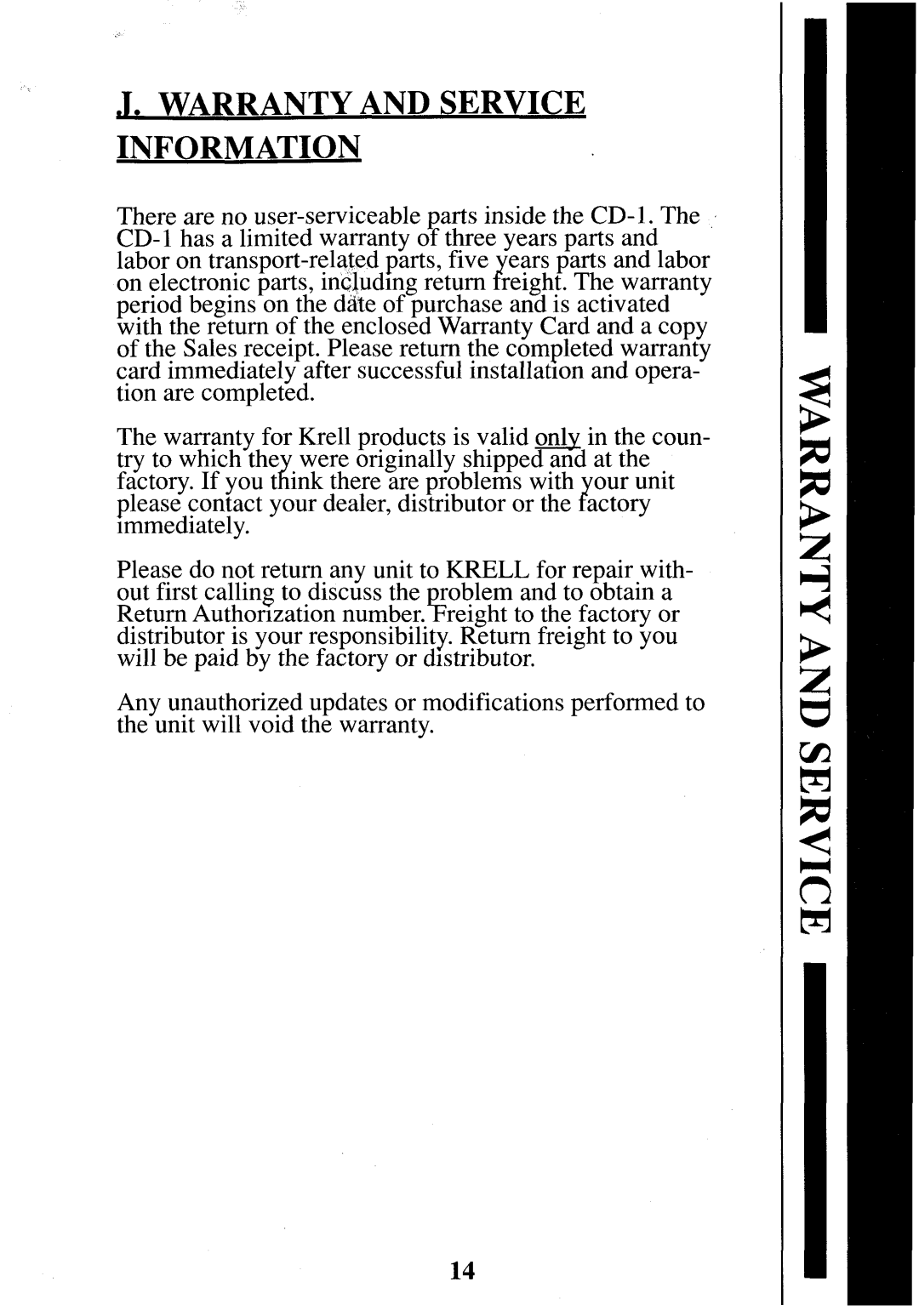 Krell Industries CD-1 manual ¯l. WARRANTYAND SERVICE INFORMATION 