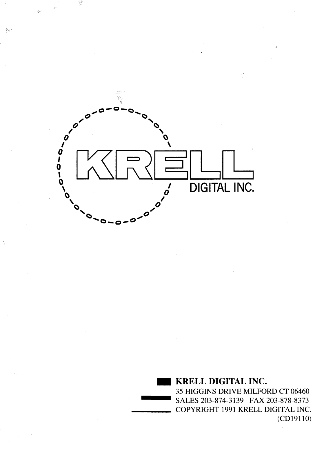 Krell Industries CD-1 manual Digitalinc, Krell Digital Inc, COPYRIGHT1991 KRELLDIGITAL INC CD19110 