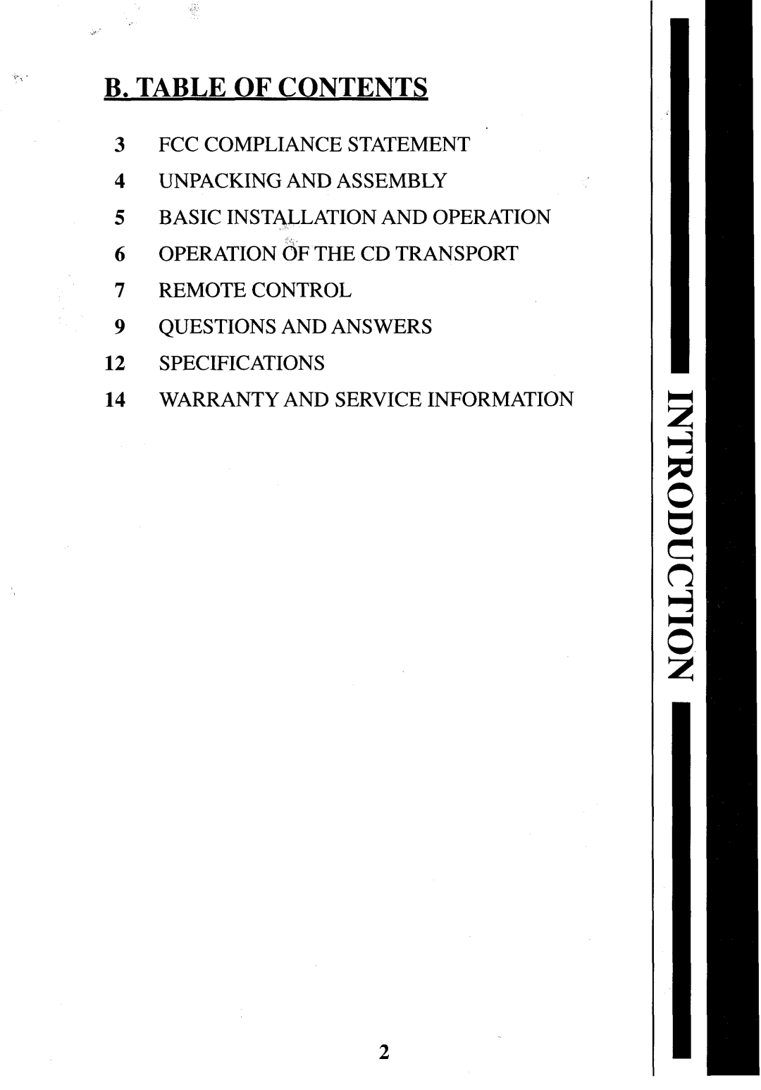 Krell Industries CD-1 manual B. Table Of Contents, 3FCC COMPLIANCE STATEMENT 4UNPACKING AND ASSEMBLY 