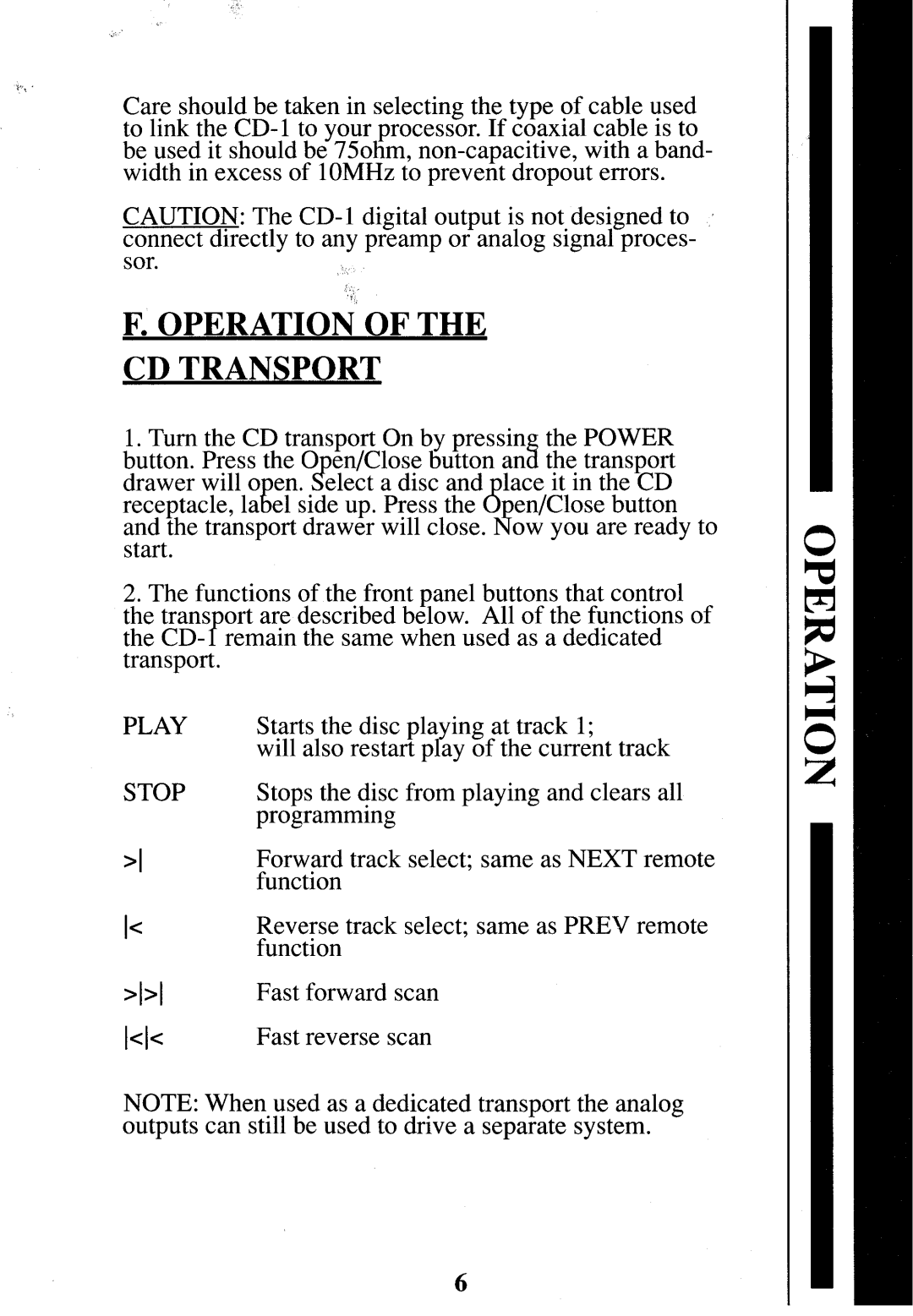 Krell Industries CD-1 manual F.Operationof The Cd Transport 