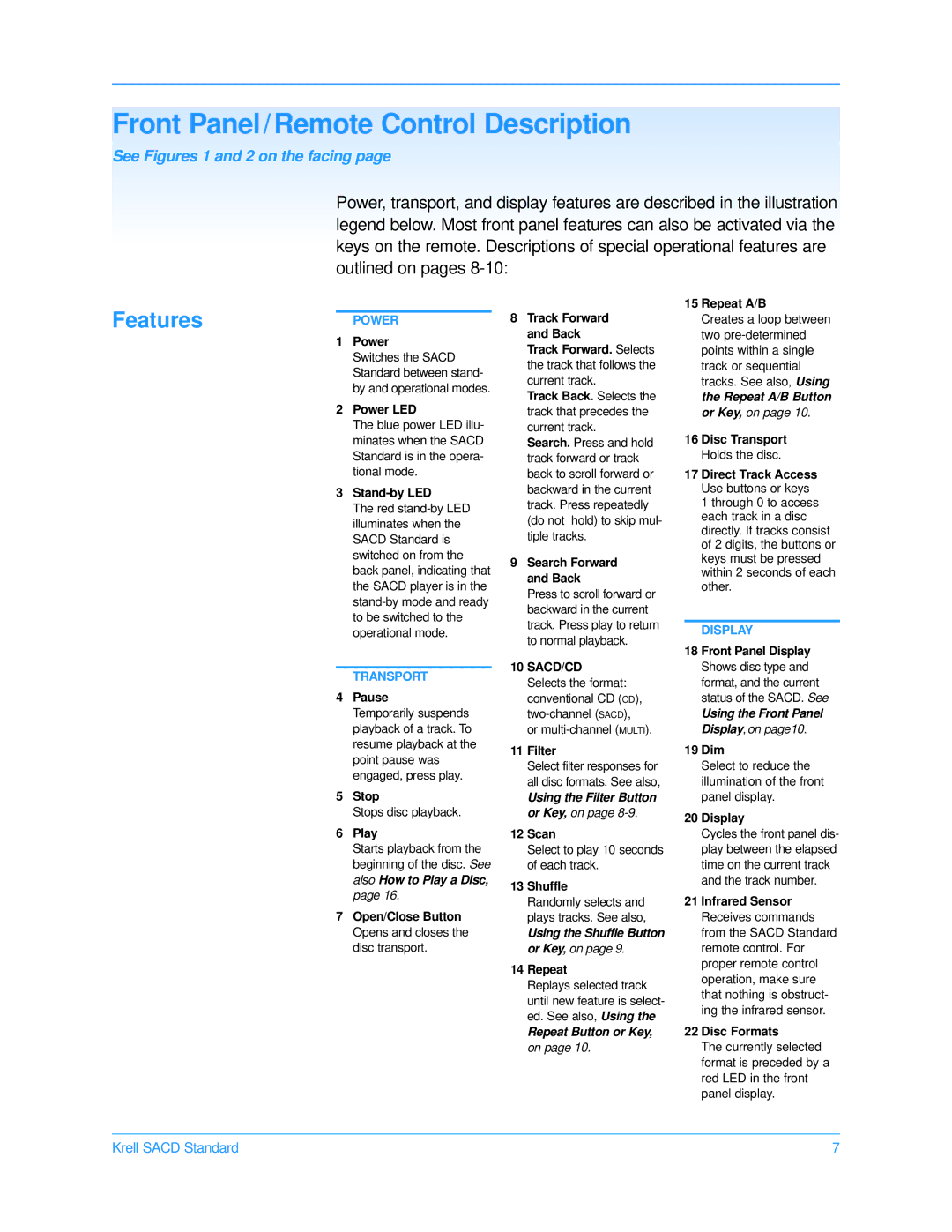 Krell Industries CD Player manual Front Panel/Remote Control Description, Features 