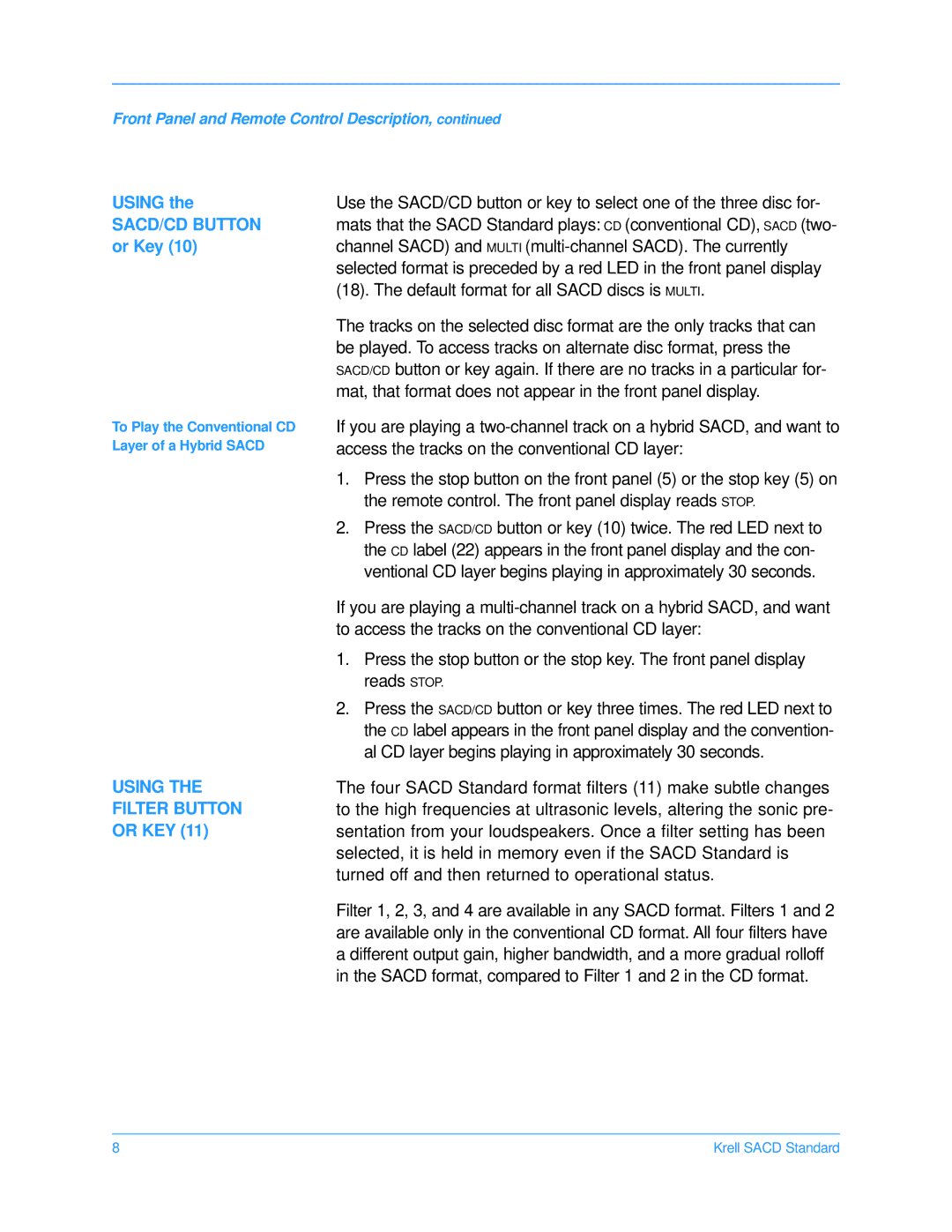 Krell Industries CD Player manual Using Filter Button, Or KEY 
