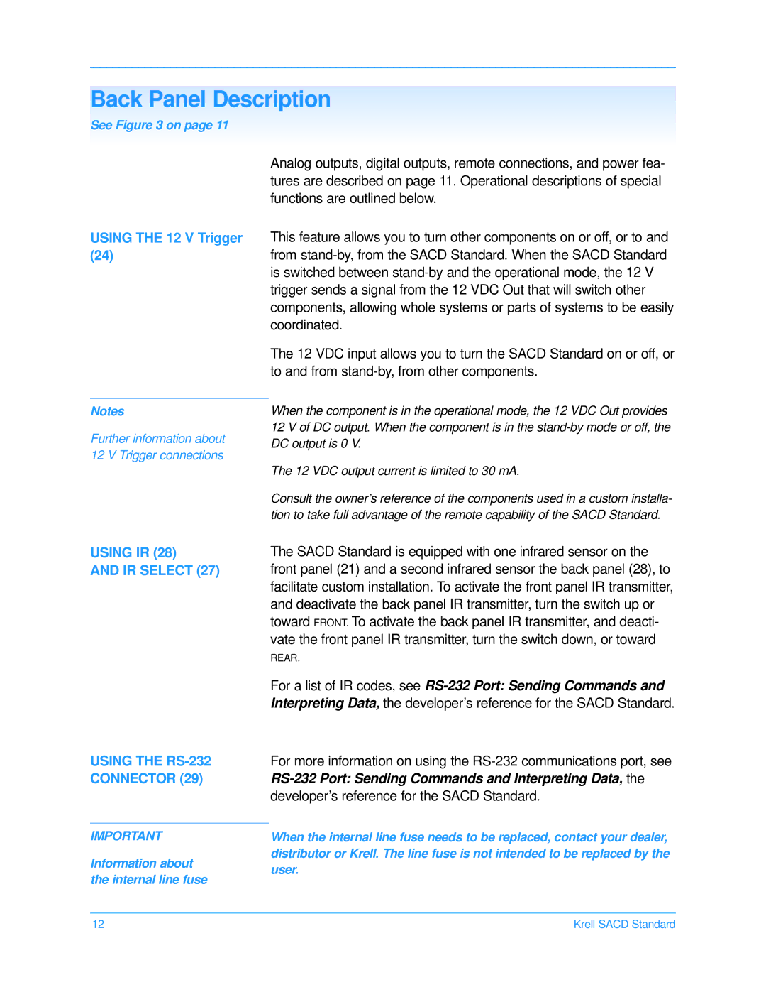 Krell Industries CD Player manual Back Panel Description, Using the 12 V Trigger, Using IR IR Select 