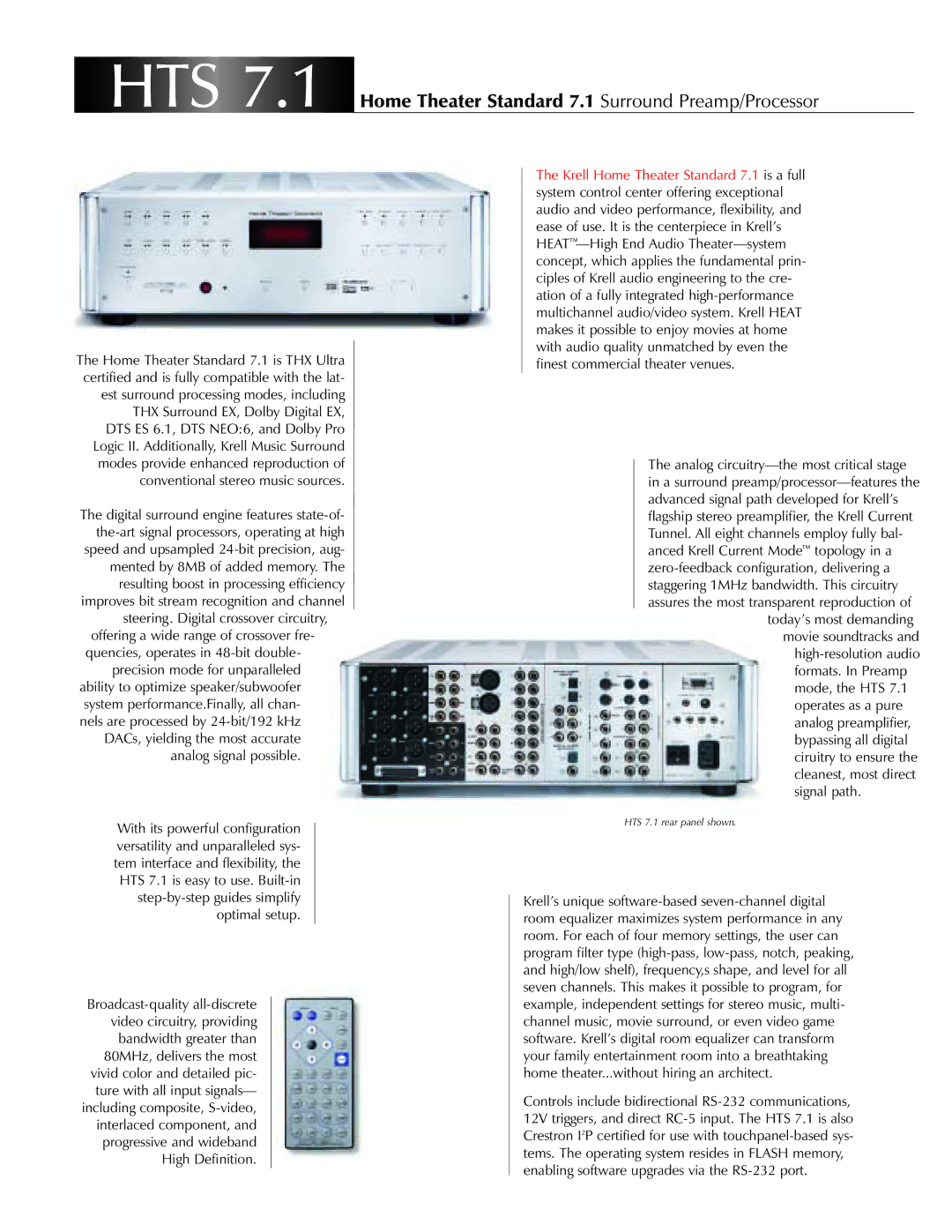 Krell Industries DVD Palyer manual HTS 7.1 Home Theater Standard 7.1 Surround Preamp/Processor 