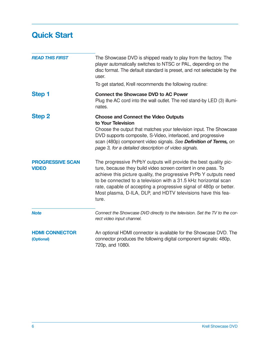 Krell Industries DVD Player manual Quick Start, Step, Progressive Scan Video, Hdmi Connector 