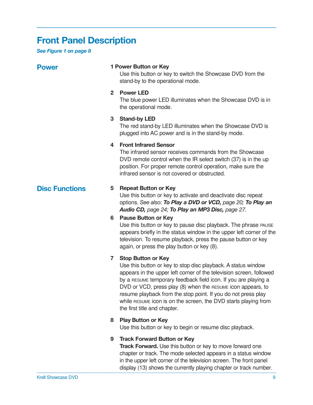 Krell Industries DVD Player manual Front Panel Description, Power, Disc Functions 