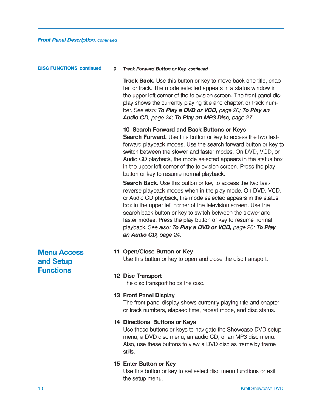 Krell Industries DVD Player manual Menu Access Setup Functions 