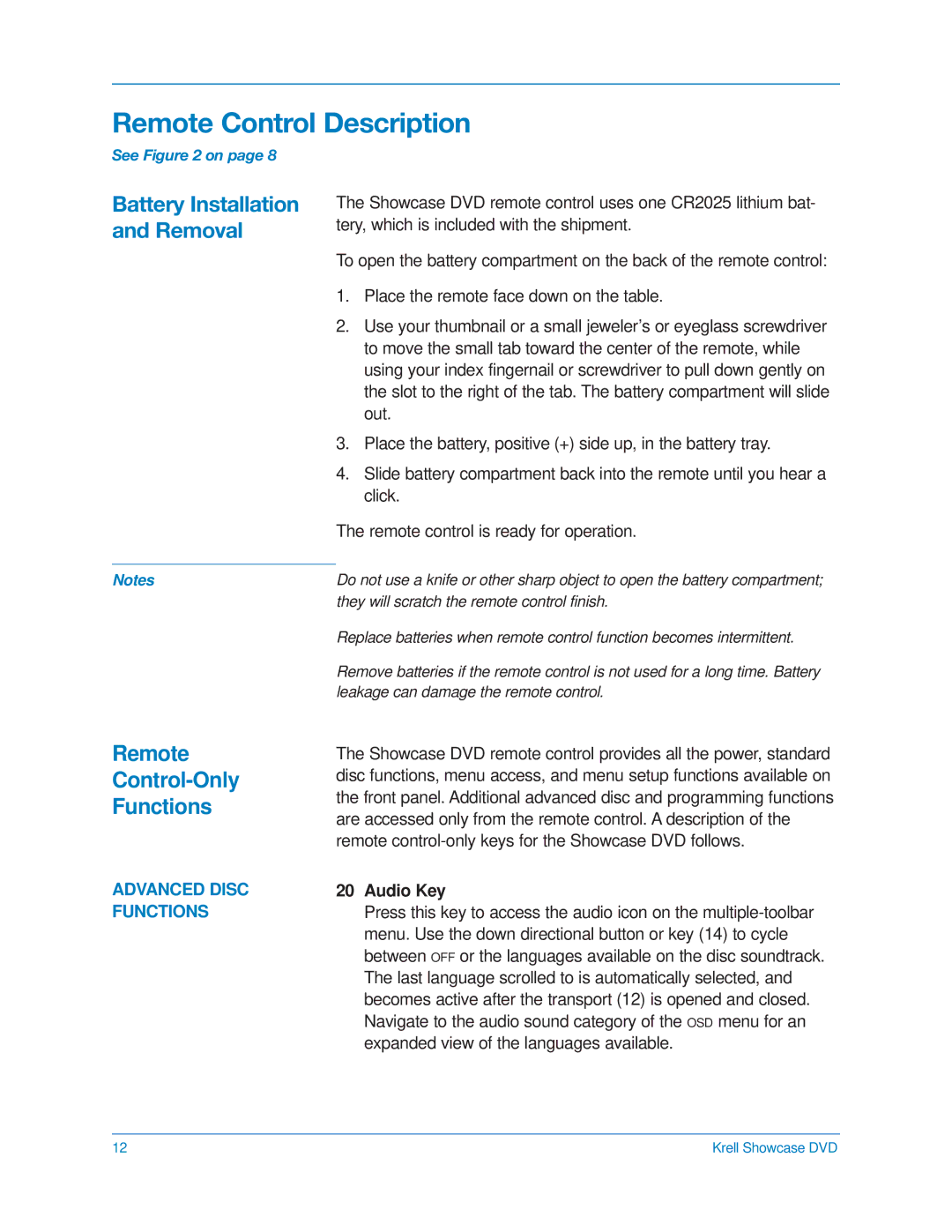 Krell Industries DVD Player manual Remote Control Description, Battery Installation and Removal 