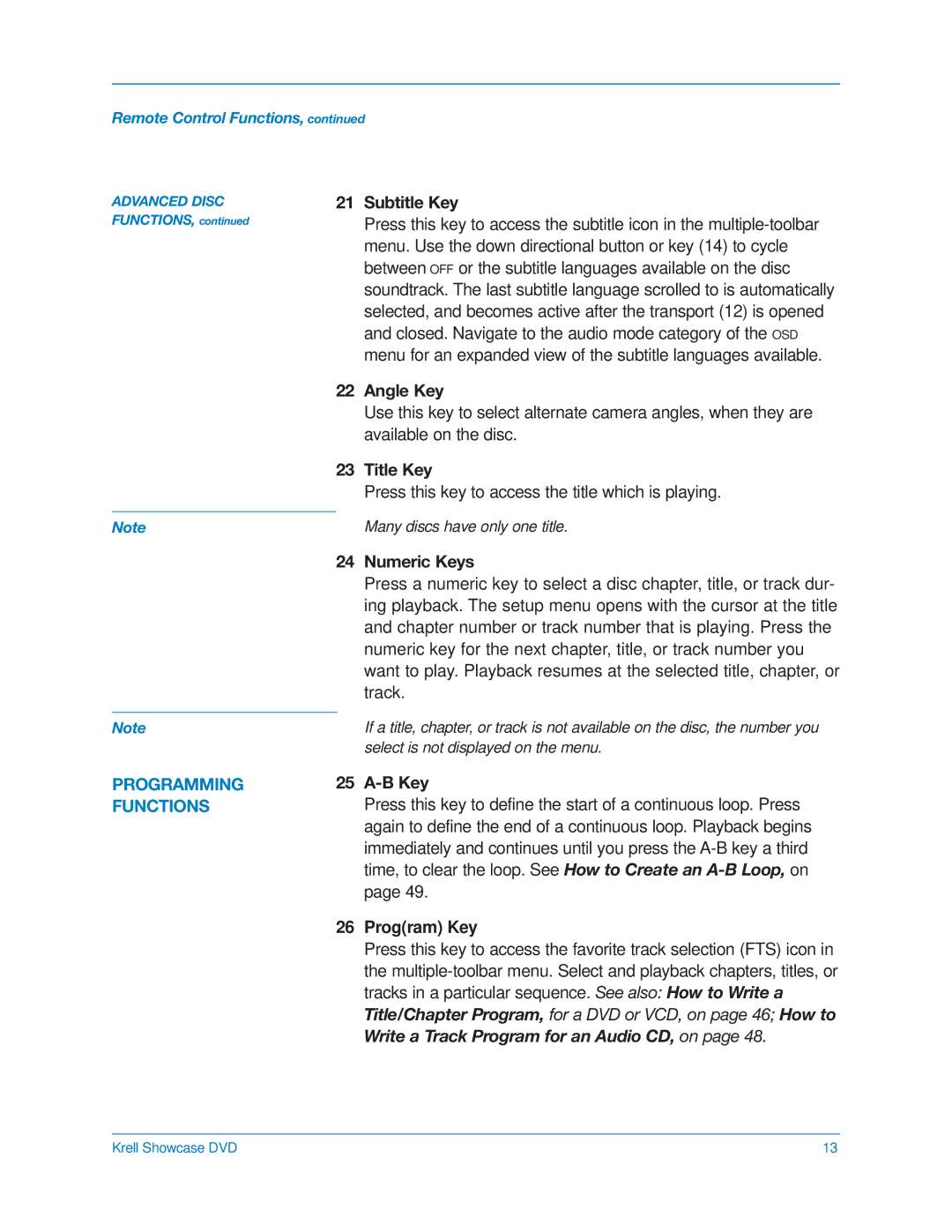 Krell Industries DVD Player manual Programming Functions 