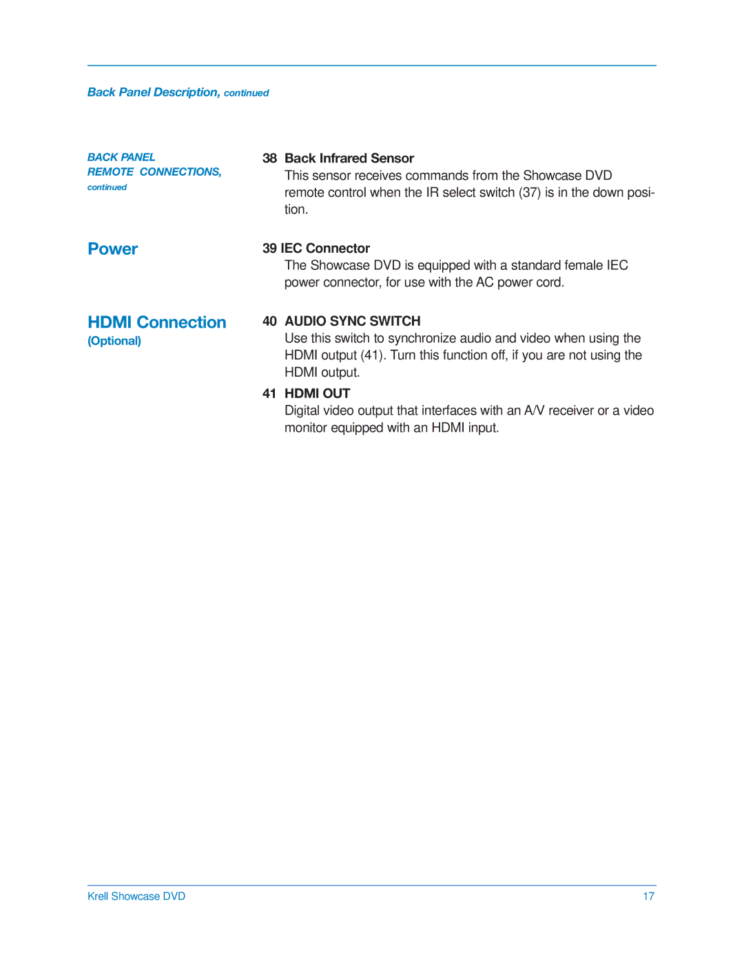 Krell Industries DVD Player manual Hdmi Connection, Back Infrared Sensor 