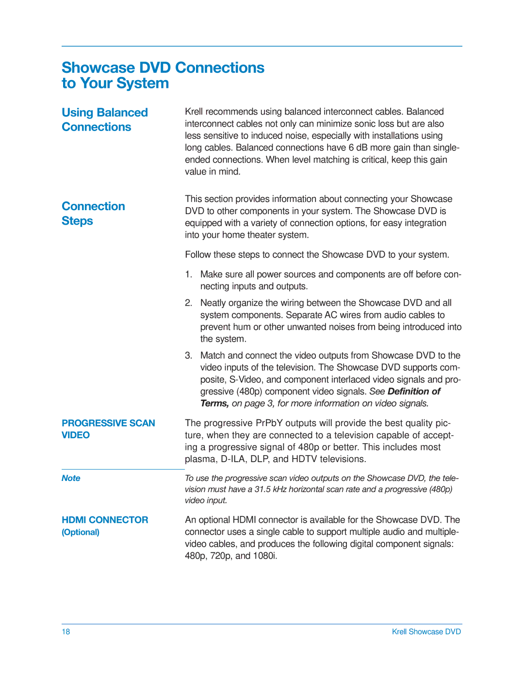 Krell Industries DVD Player manual Connection Steps, Using Balanced Connections 