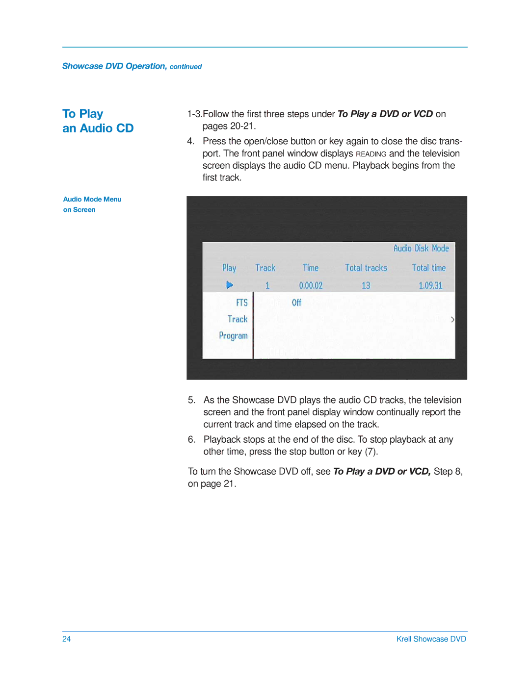 Krell Industries DVD Player manual To Play An Audio CD 