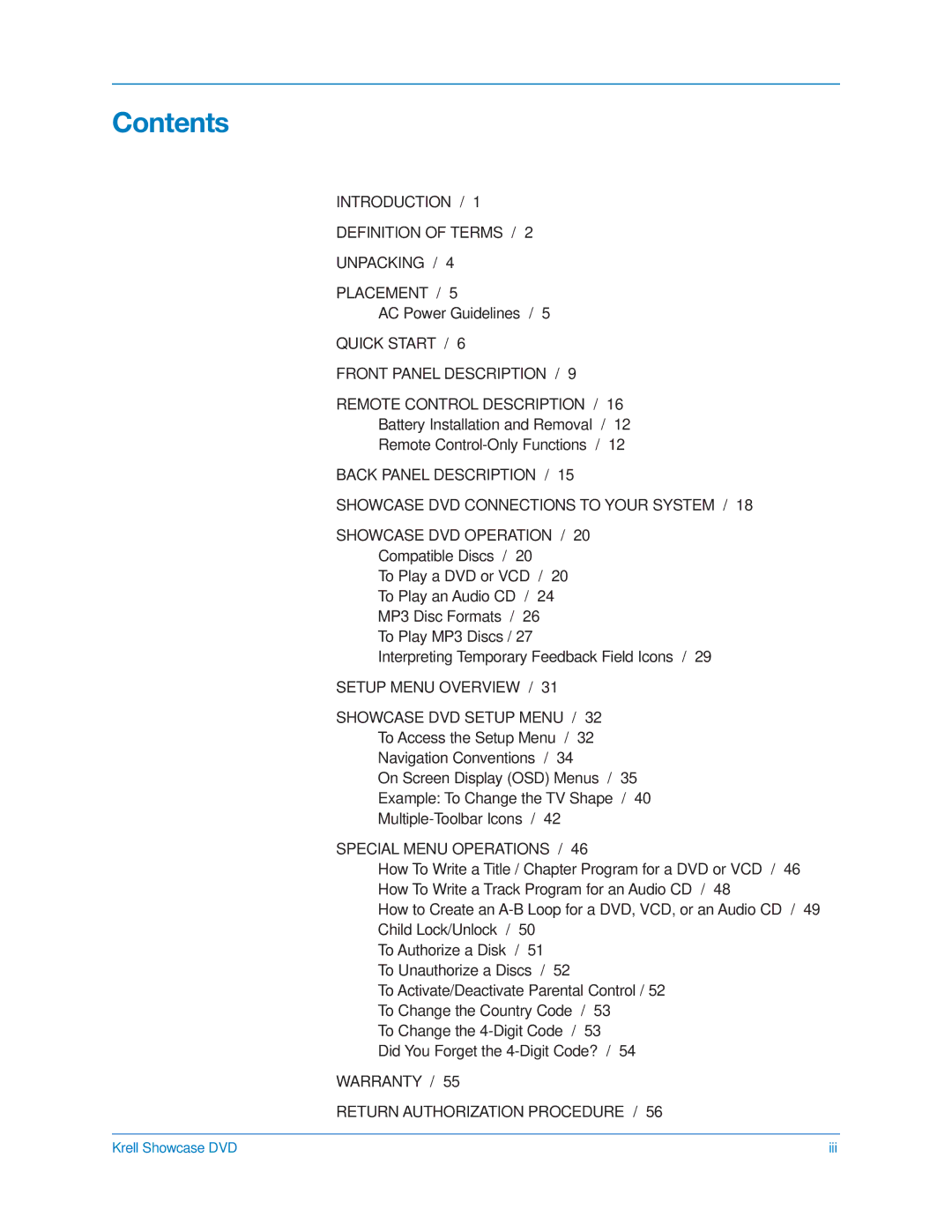 Krell Industries DVD Player manual Contents 