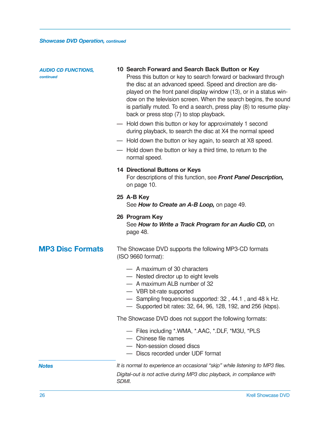 Krell Industries DVD Player manual MP3 Disc Formats, Search Forward and Search Back Button or Key, Program Key 