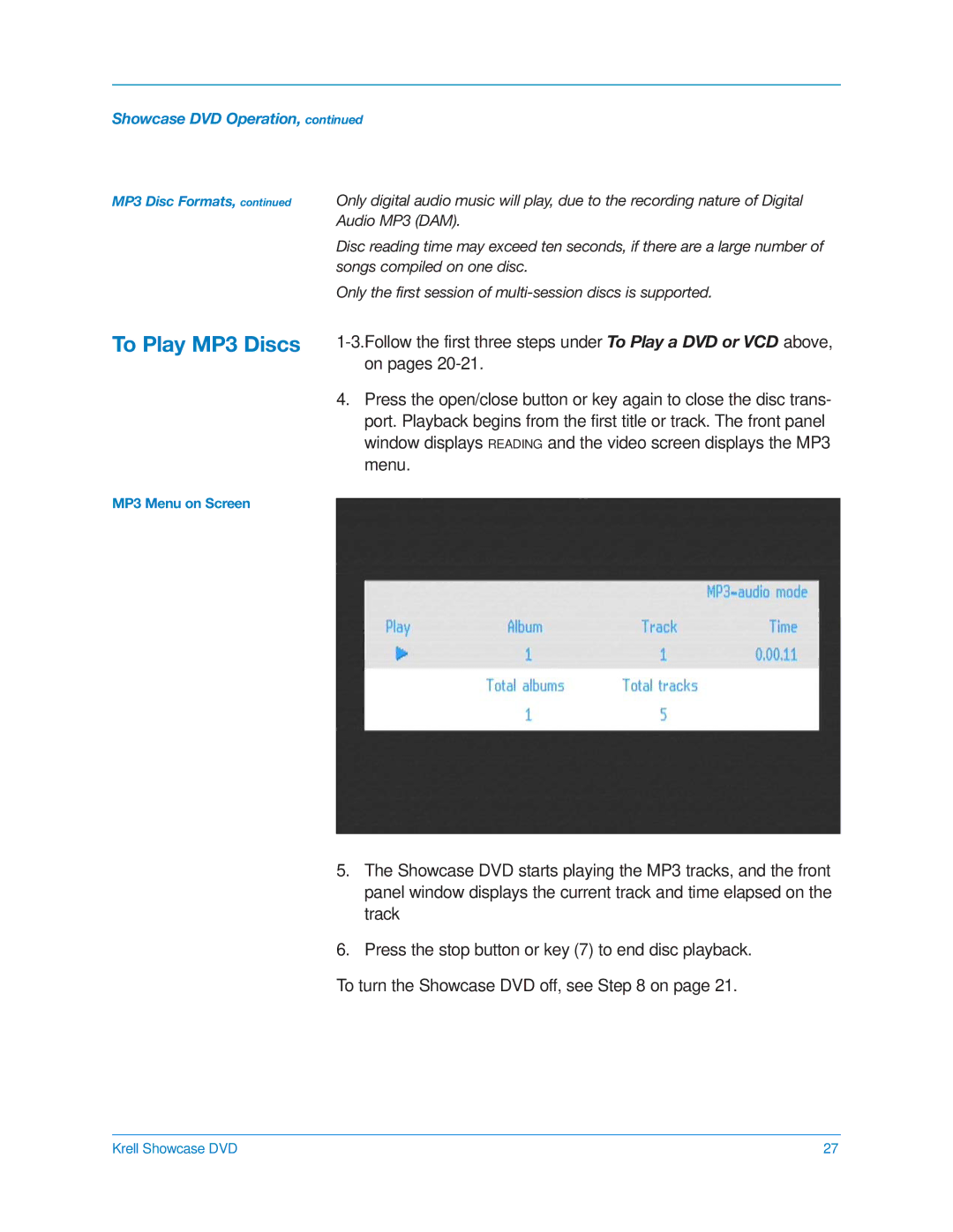 Krell Industries DVD Player manual To Play MP3 Discs 