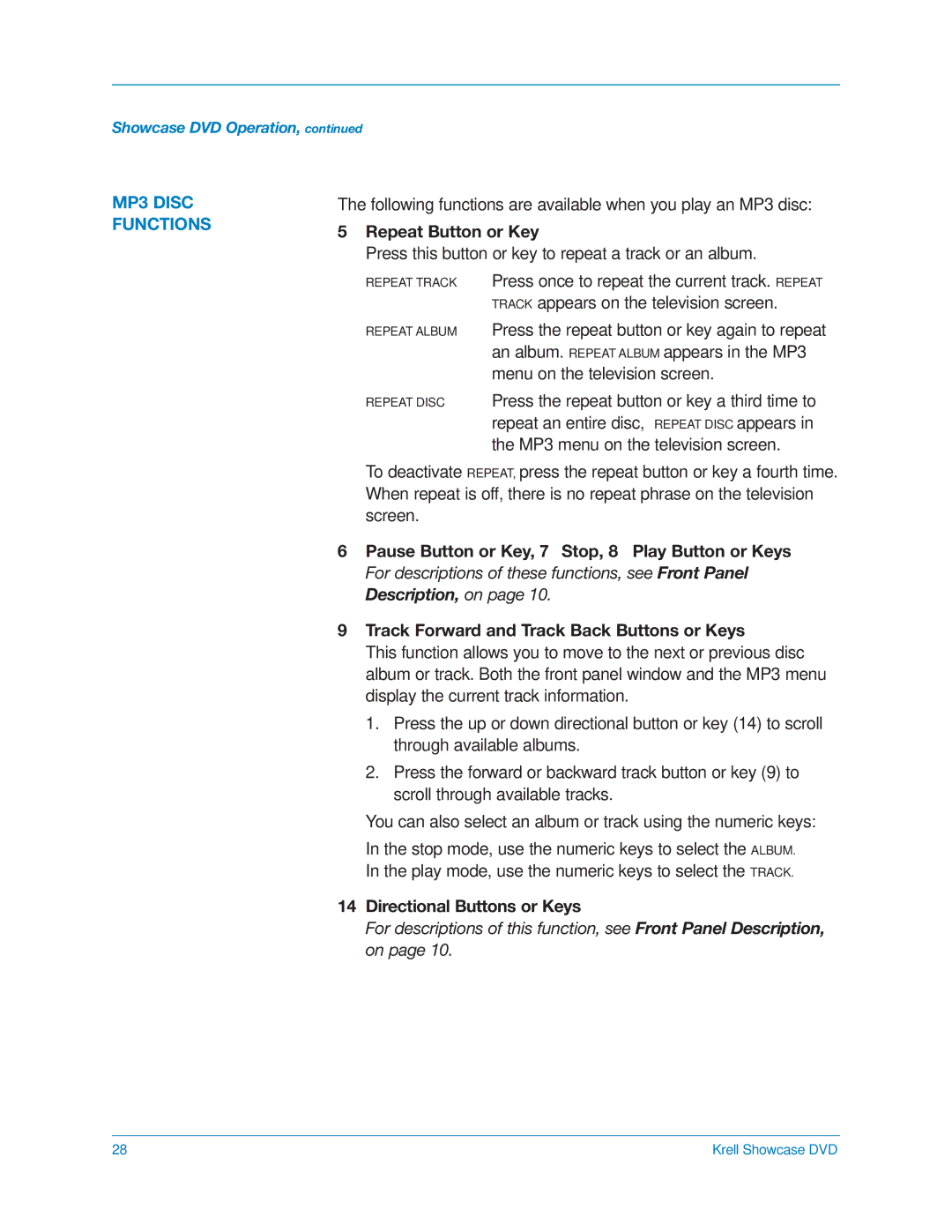 Krell Industries DVD Player manual MP3 Disc Functions 