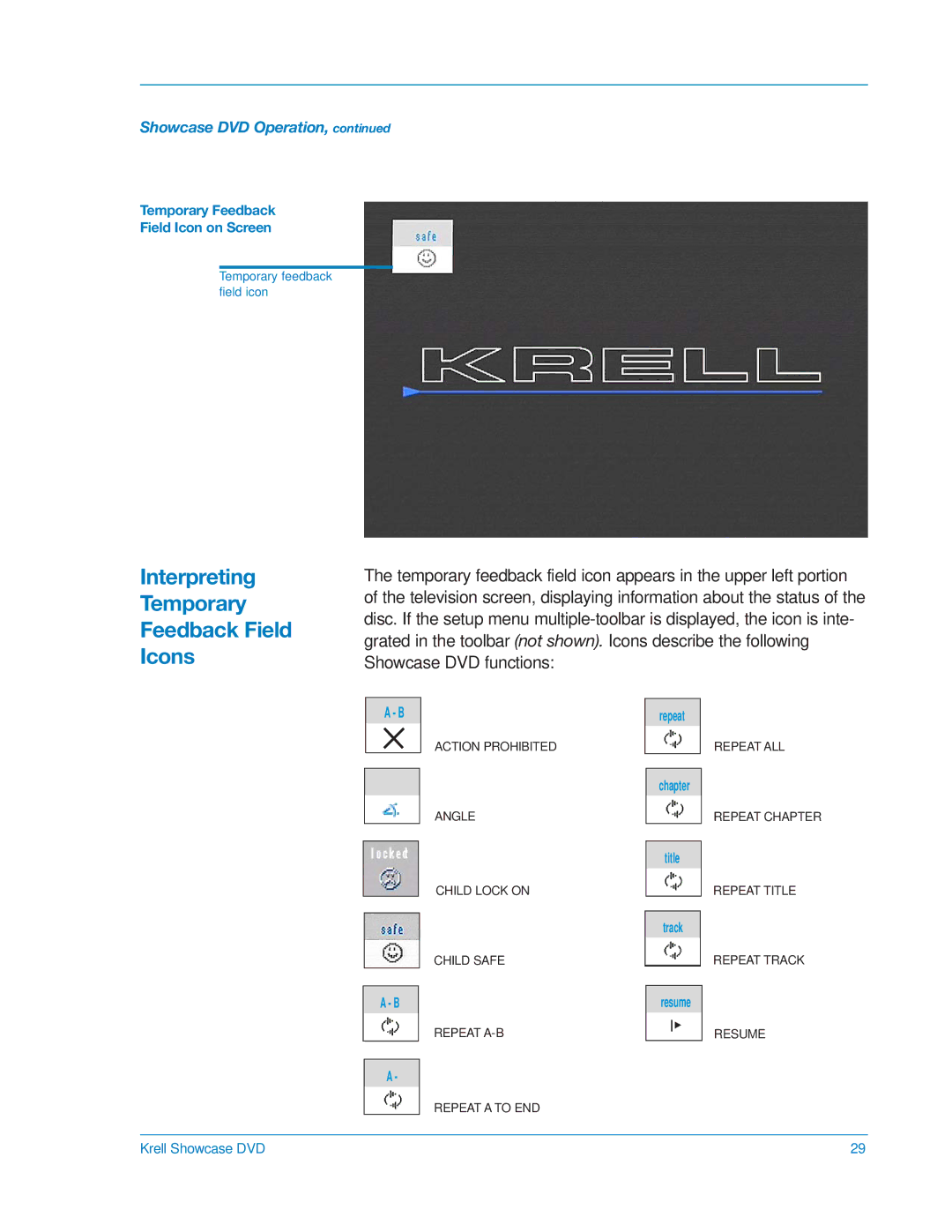 Krell Industries DVD Player manual Interpreting Temporary Feedback Field Icons, Title 