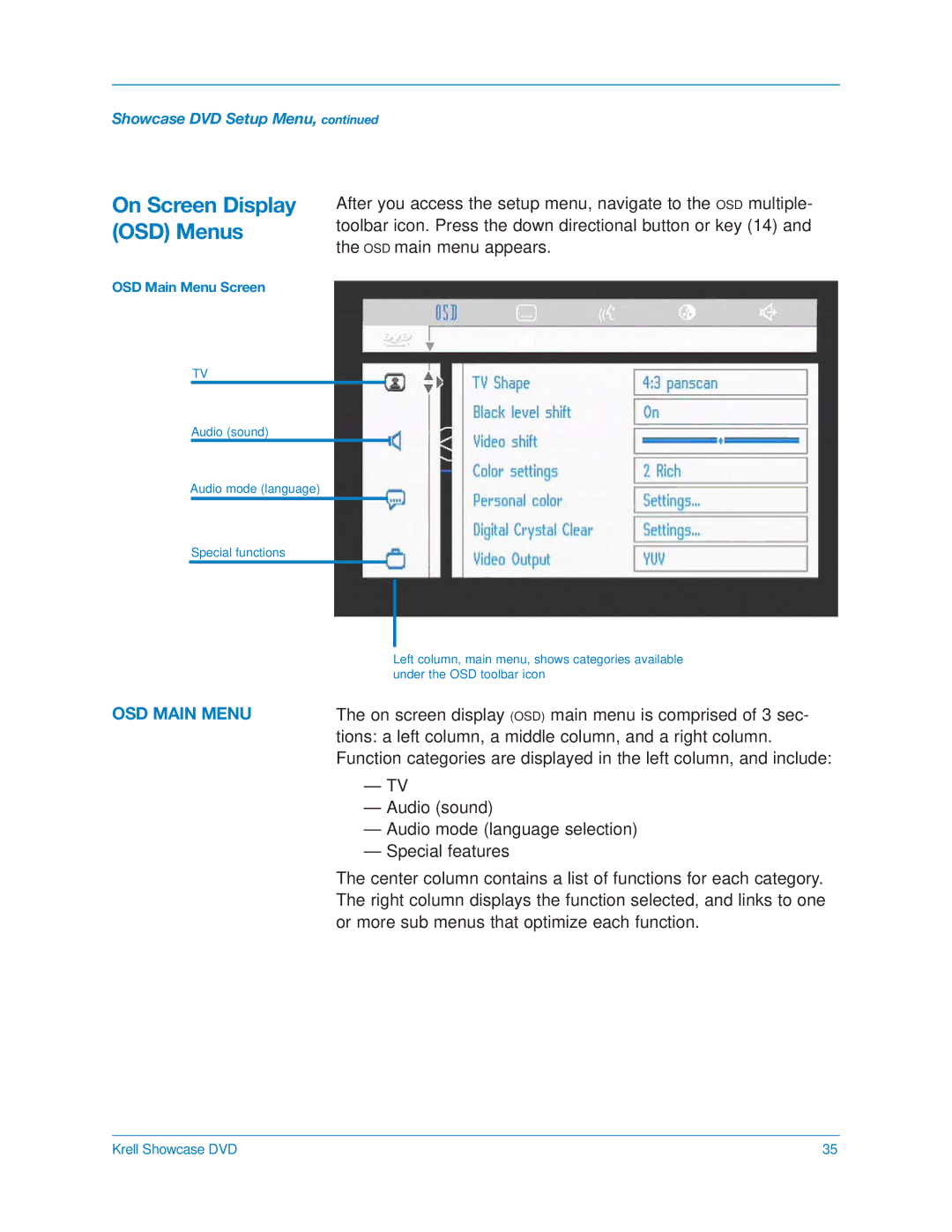 Krell Industries DVD Player manual OSD Main Menu 