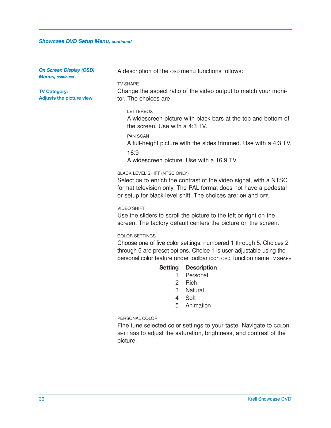 Krell Industries DVD Player manual Description of the OSD menu functions follows, Setting Description 