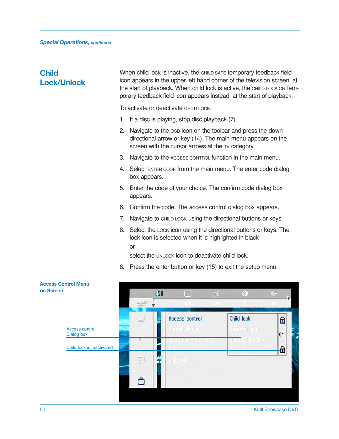 Krell Industries DVD Player manual Child Lock/Unlock, Access Control Menu on Screen 