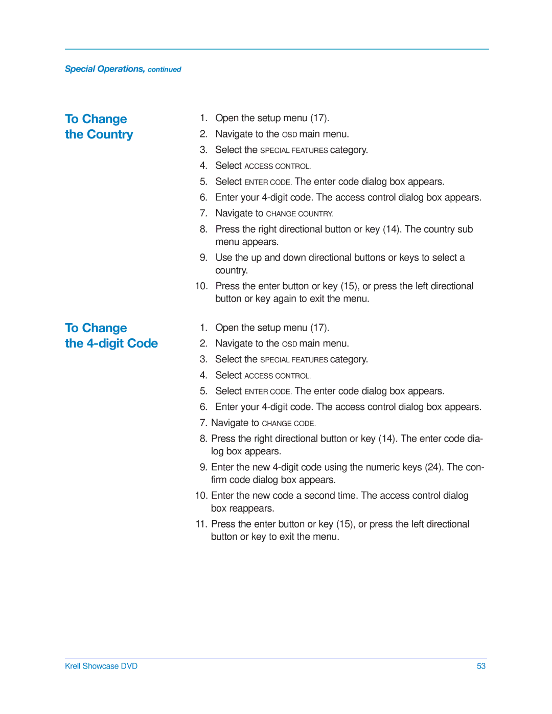 Krell Industries DVD Player manual To Change Country 4-digit Code 