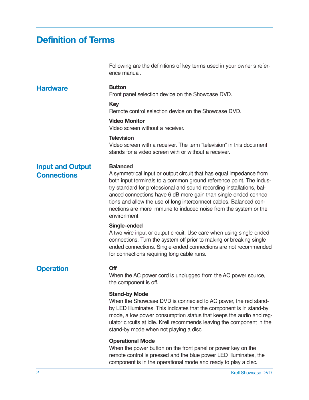 Krell Industries DVD Player manual Definition of Terms, Hardware, Operation, Input and Output Connections 