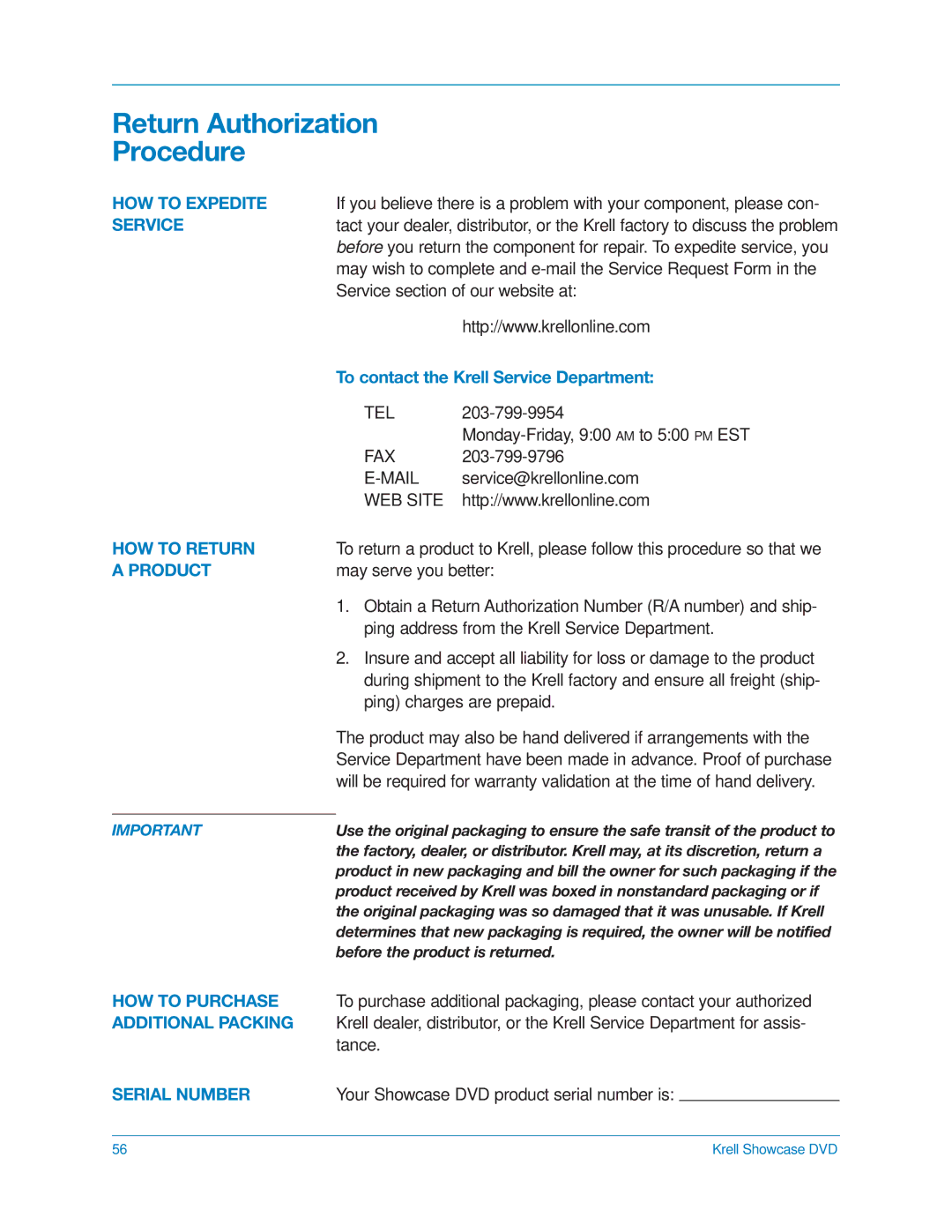 Krell Industries DVD Player manual Return Authorization Procedure 