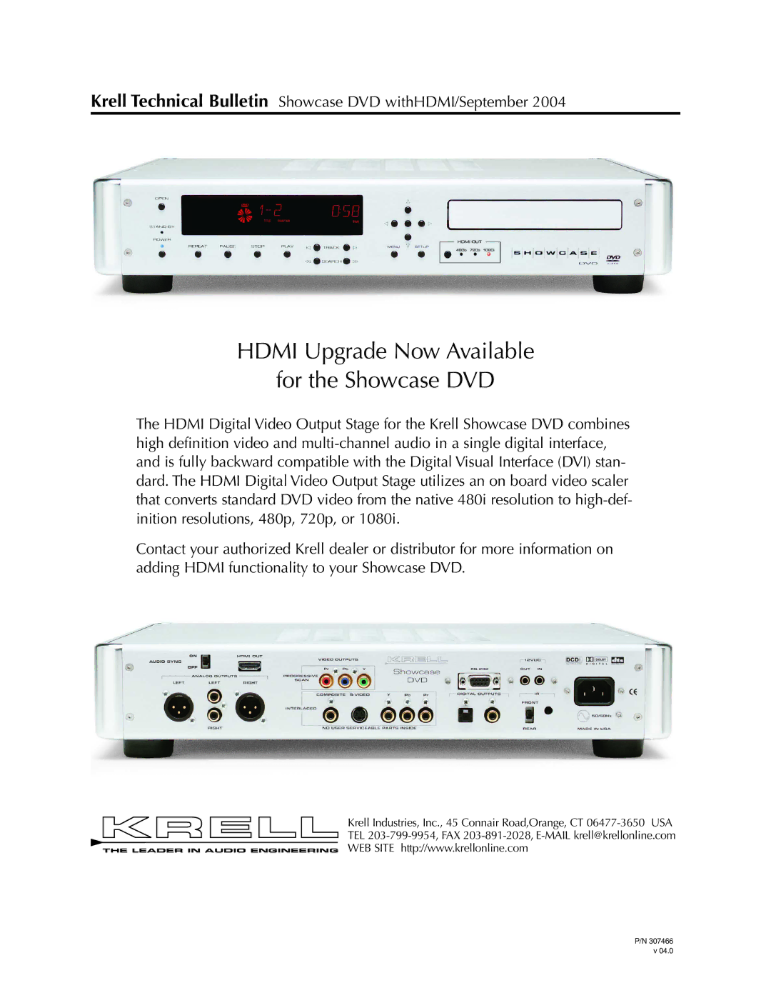 Krell Industries DVD Player manual Hdmi Upgrade Now Available For the Showcase DVD 