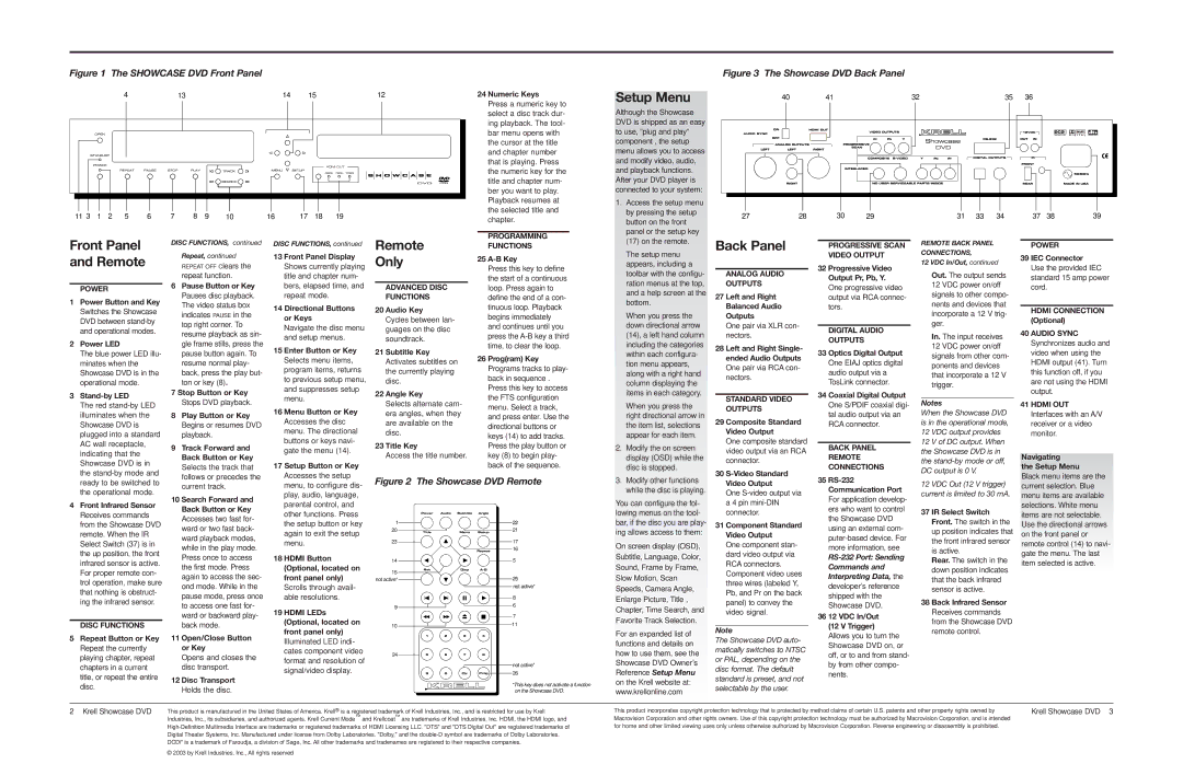 Krell Industries DVD Player manual Front Panel 