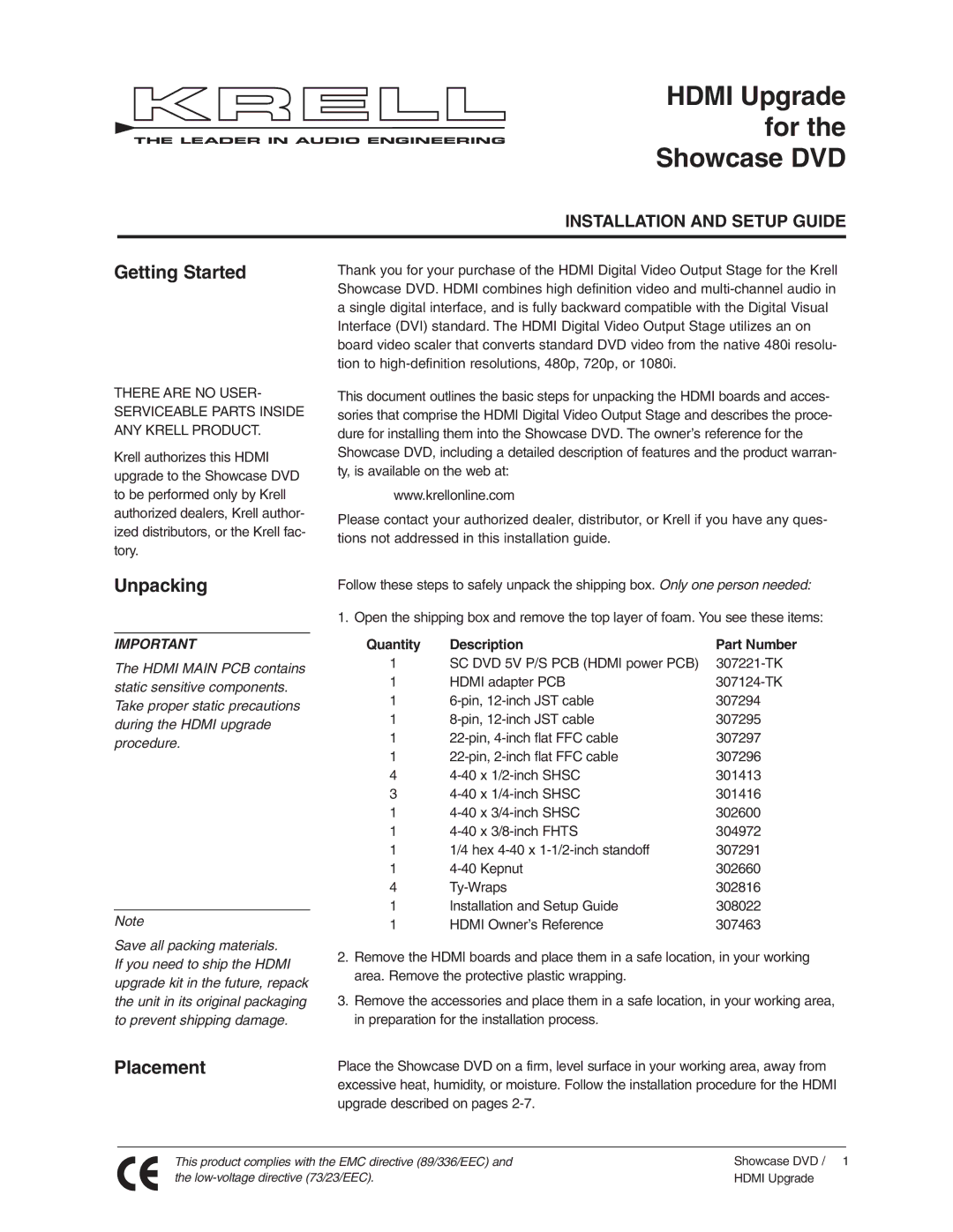 Krell Industries DVD Player manual Hdmi Upgrade 