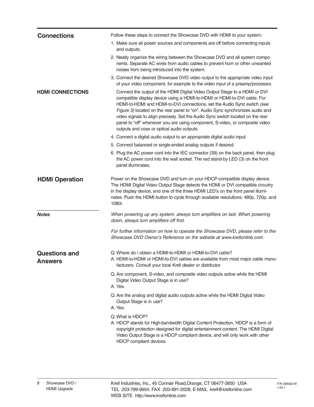 Krell Industries DVD Player manual Connections 