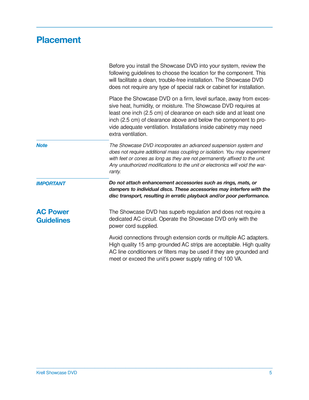 Krell Industries DVD Player manual Placement, AC Power Guidelines 