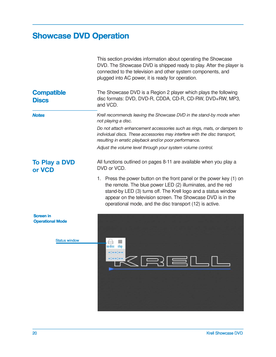 Krell Industries DVD Player manual Showcase DVD Operation, To Play a DVD or VCD, Compatible Discs 