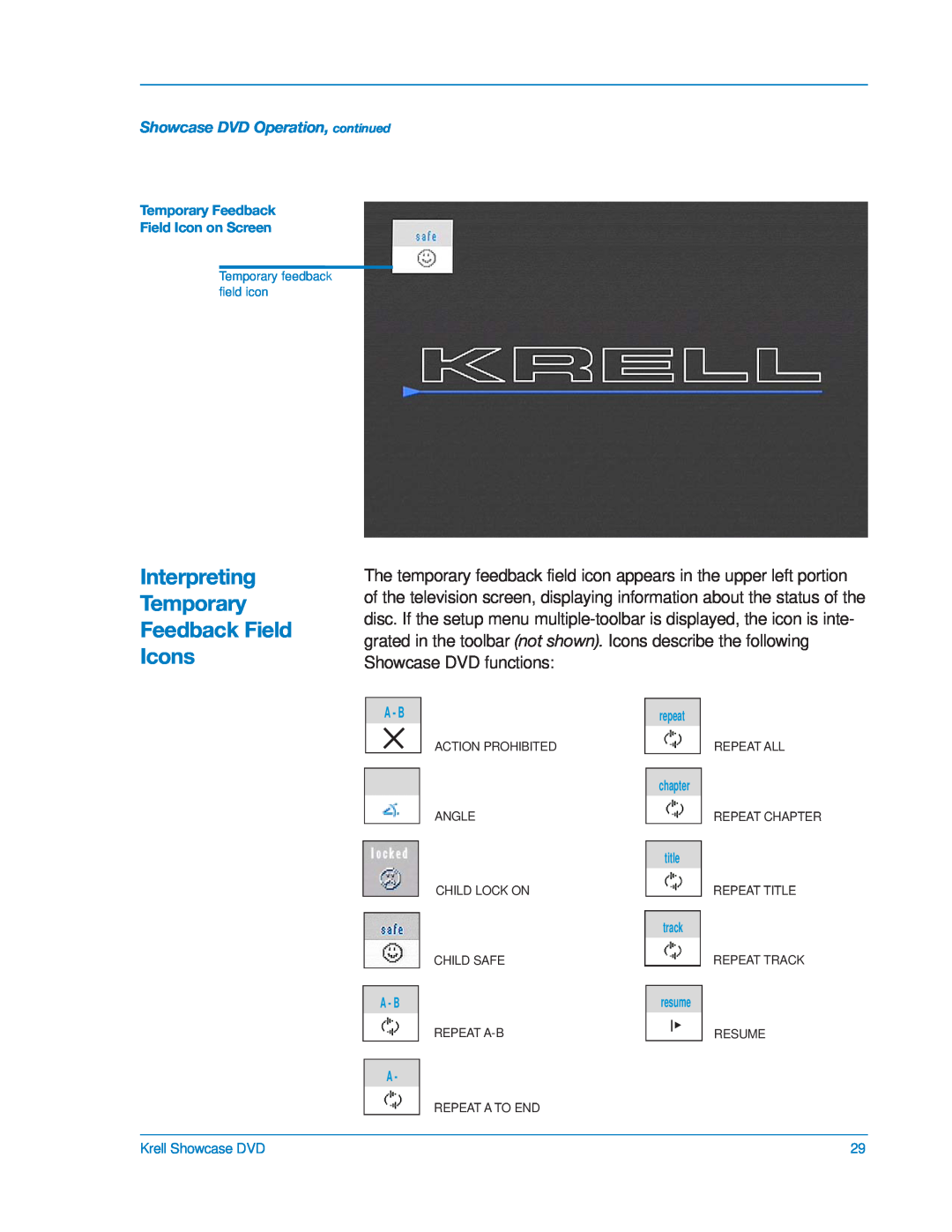 Krell Industries DVD Player manual Interpreting Temporary Feedback Field Icons, A - B 