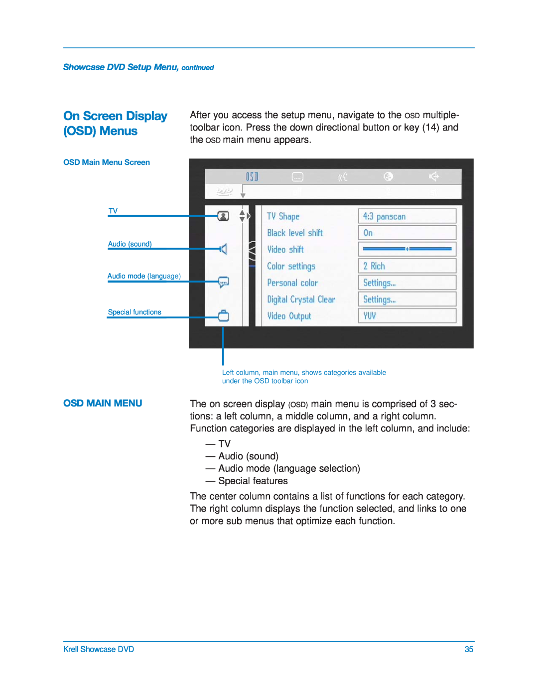 Krell Industries DVD Player manual On Screen Display OSD Menus, Osd Main Menu 