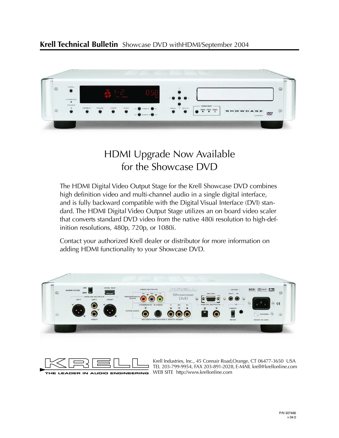 Krell Industries DVD Player manual HDMI Upgrade Now Available for the Showcase DVD 