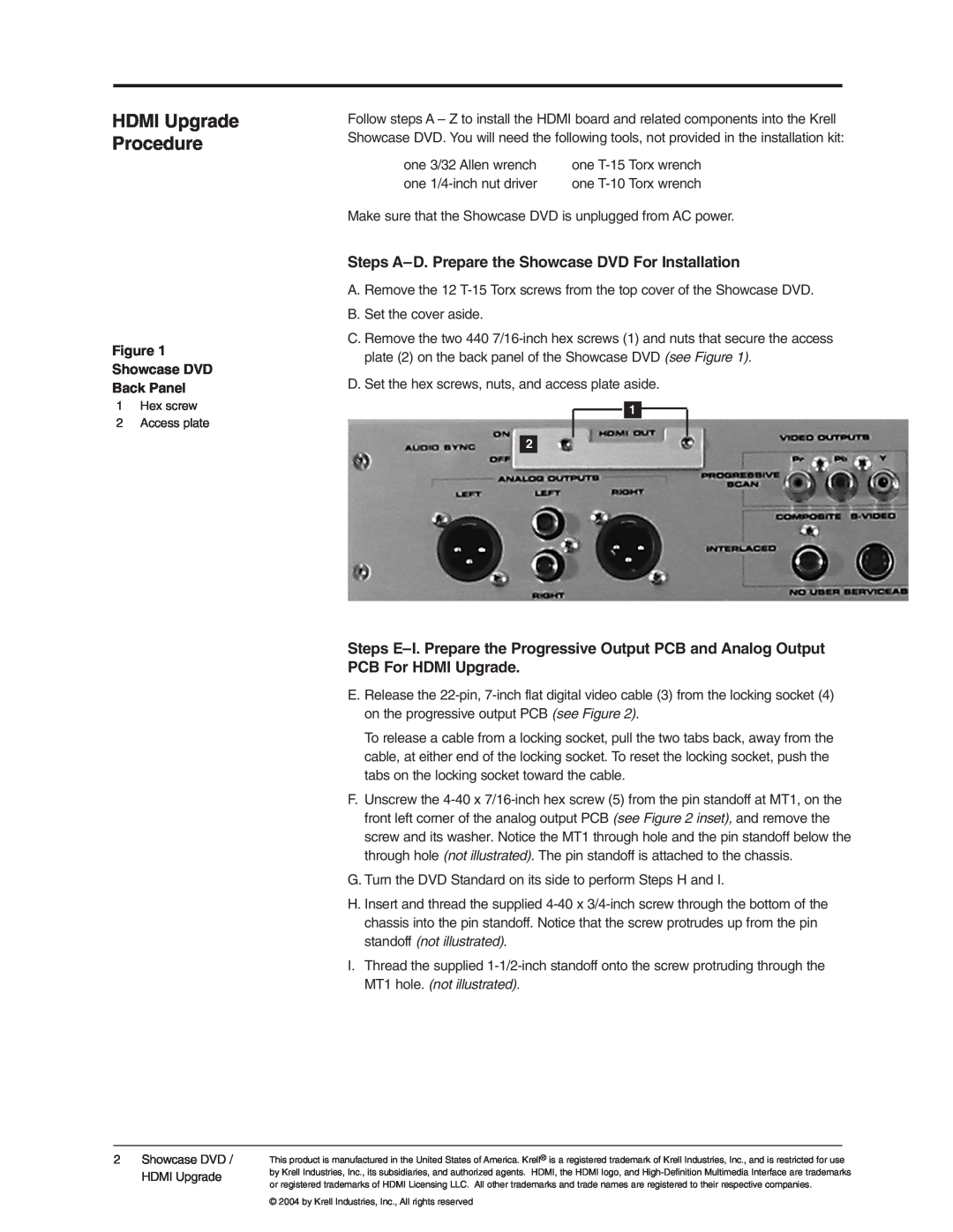 Krell Industries DVD Player manual HDMI Upgrade Procedure, Steps A-D. Prepare the Showcase DVD For Installation 