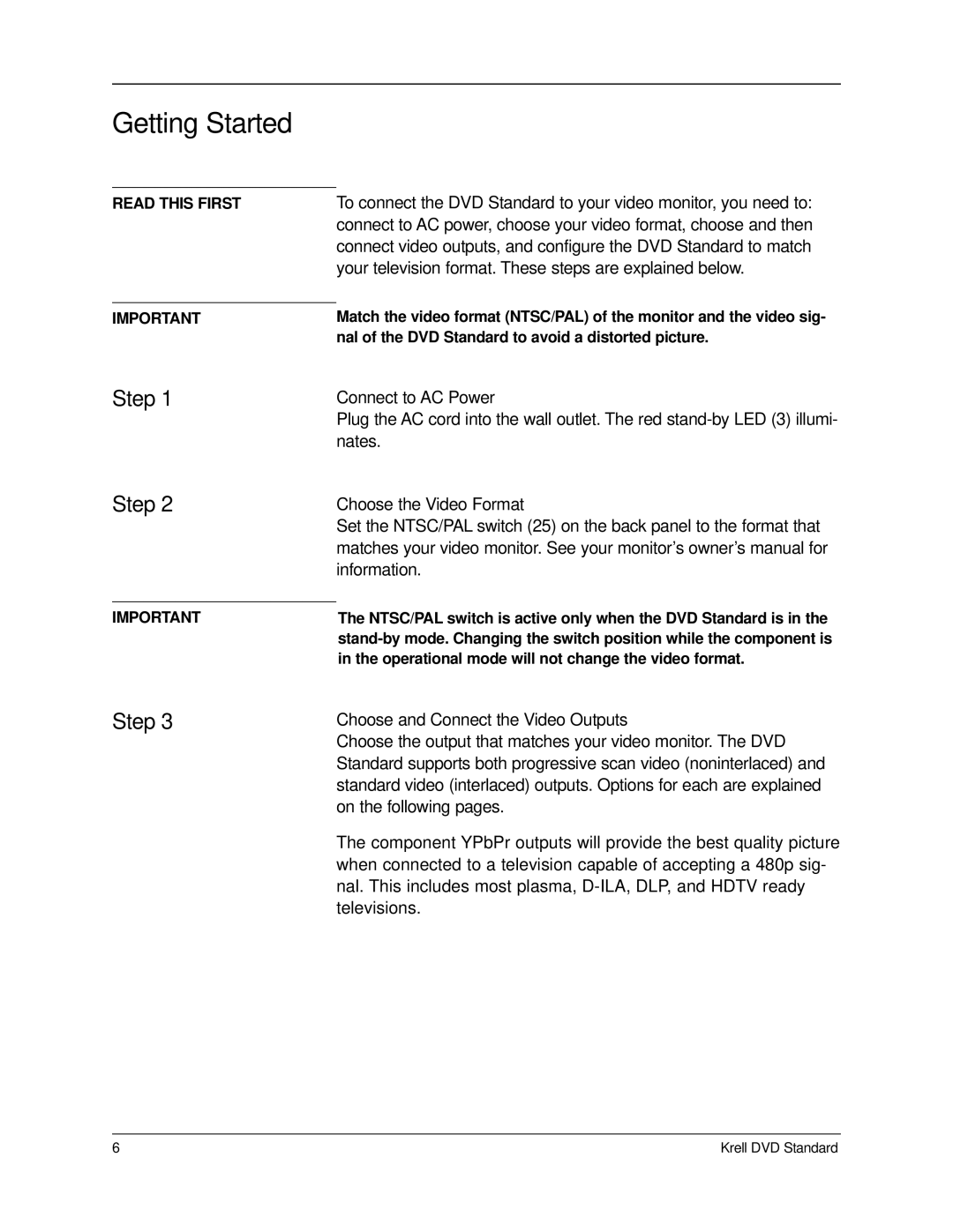 Krell Industries DVD Standard manual Getting Started, Step, Connect to AC Power, Choose the Video Format 