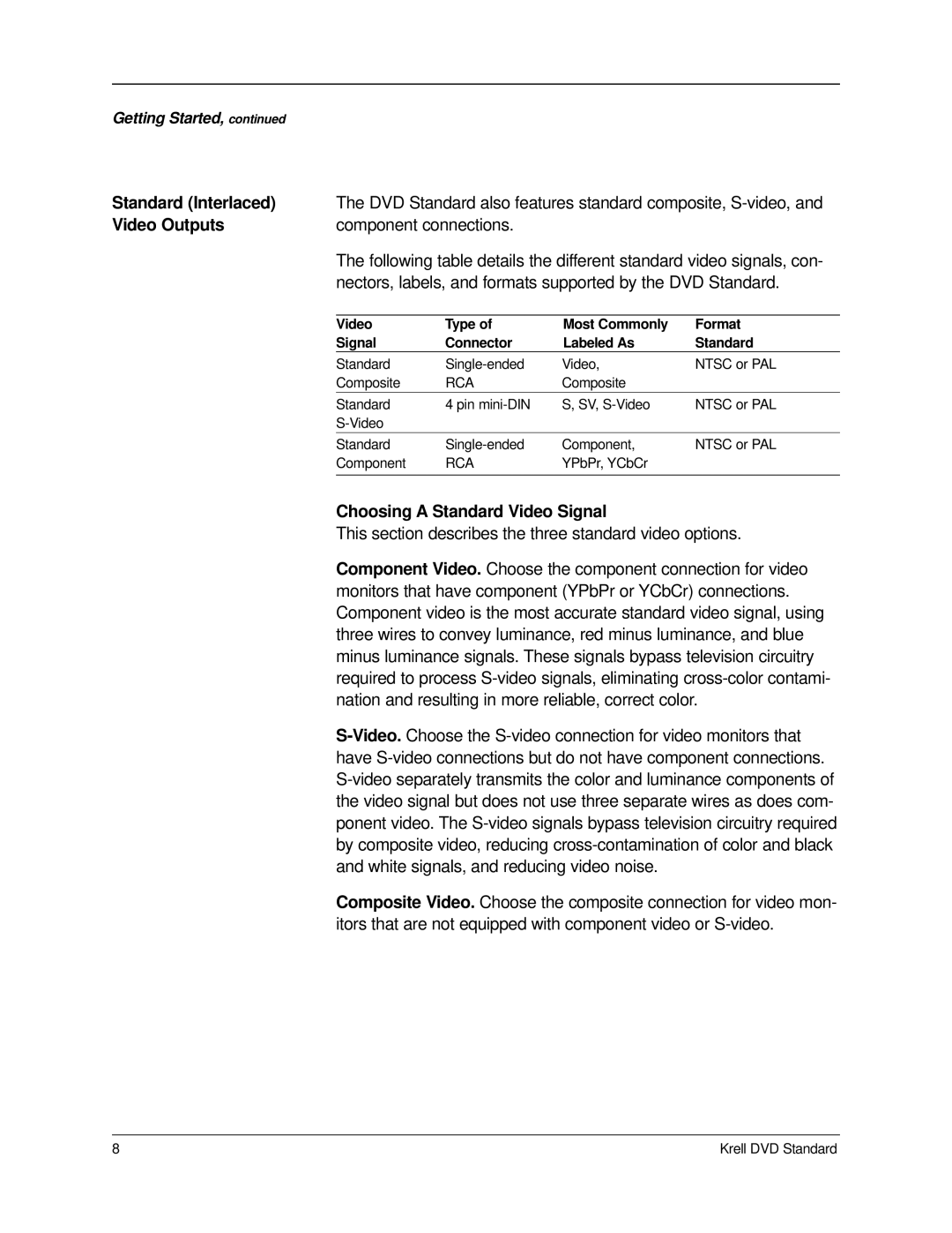 Krell Industries DVD Standard manual Standard Interlaced, Video Outputs, Choosing a Standard Video Signal 