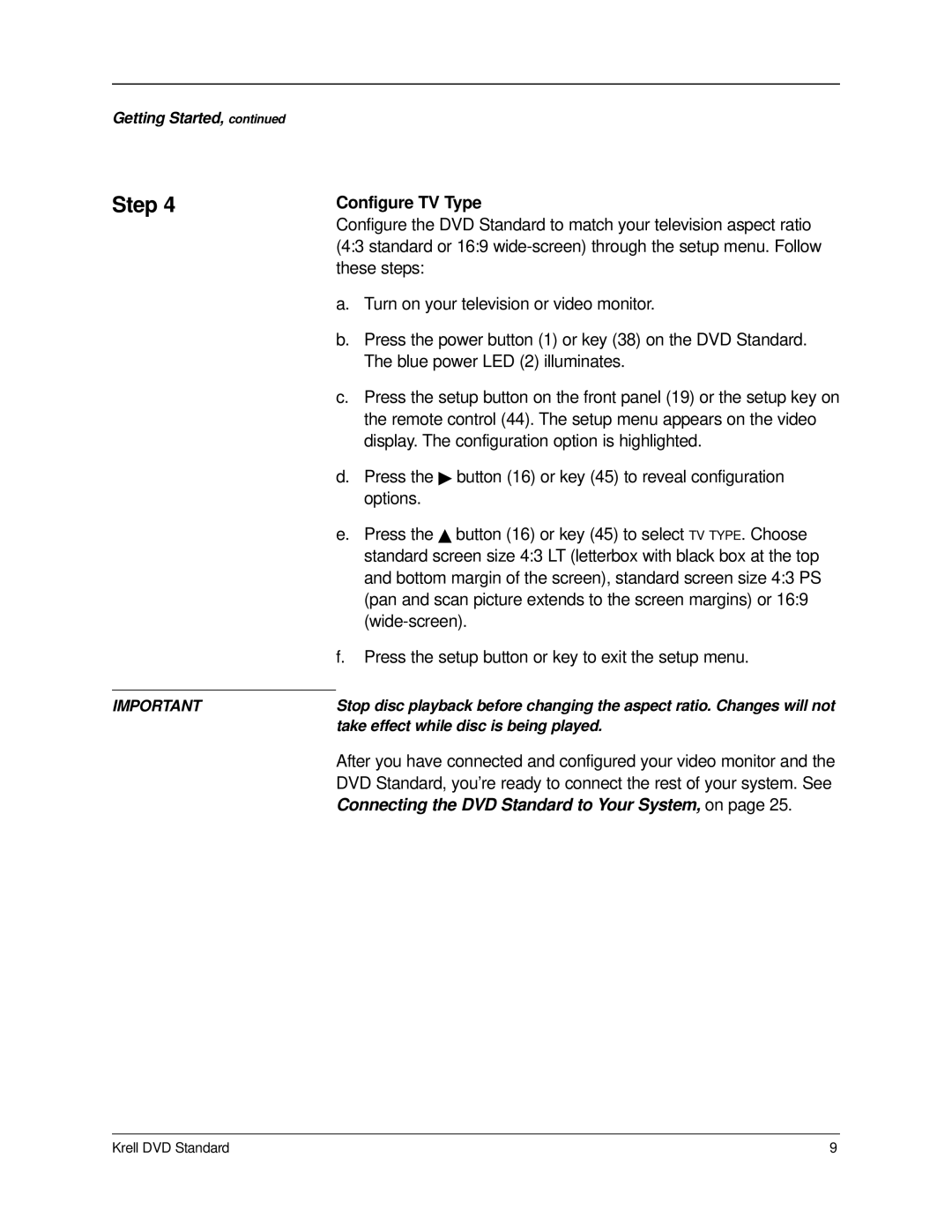 Krell Industries manual Configure TV Type, Connecting the DVD Standard to Your System, on 