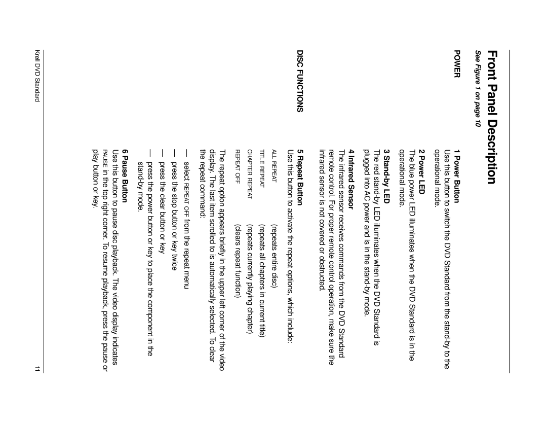 Krell Industries DVD Standard manual Front Panel Description, Power, Disc Functions 